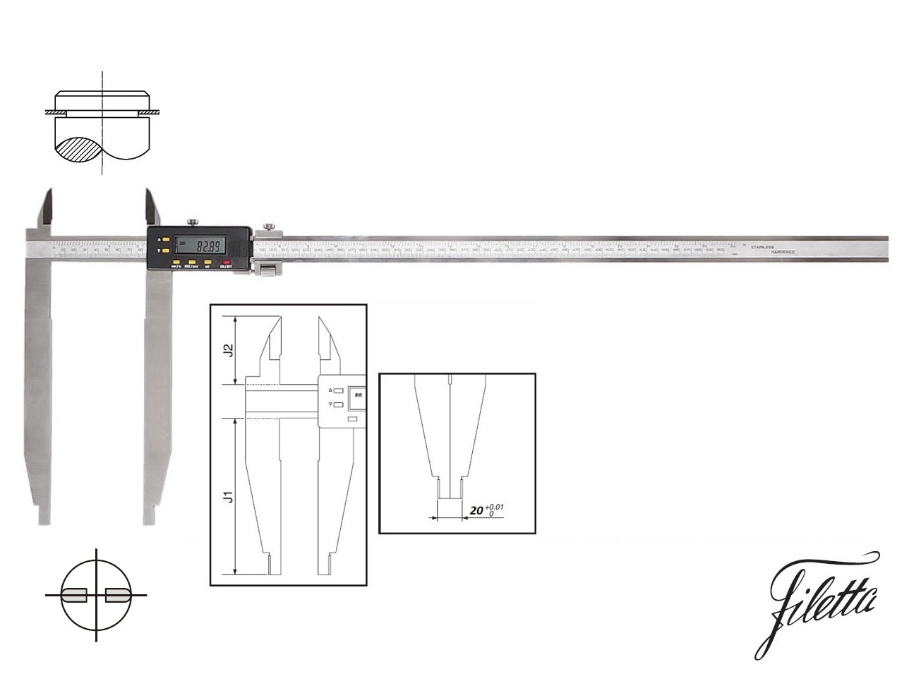 Digitální posuvné měřítko Filetta 0-600/200 mm s měřicími nožíky pro vnější měření