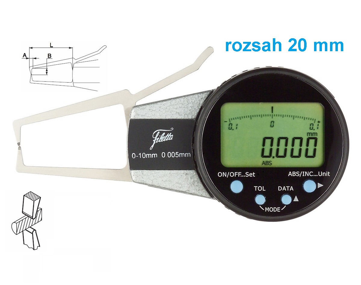 Digitální úchylkoměr s měřicími rameny pro vnější měření Filetta 0-20 mm, doteky R 0,75