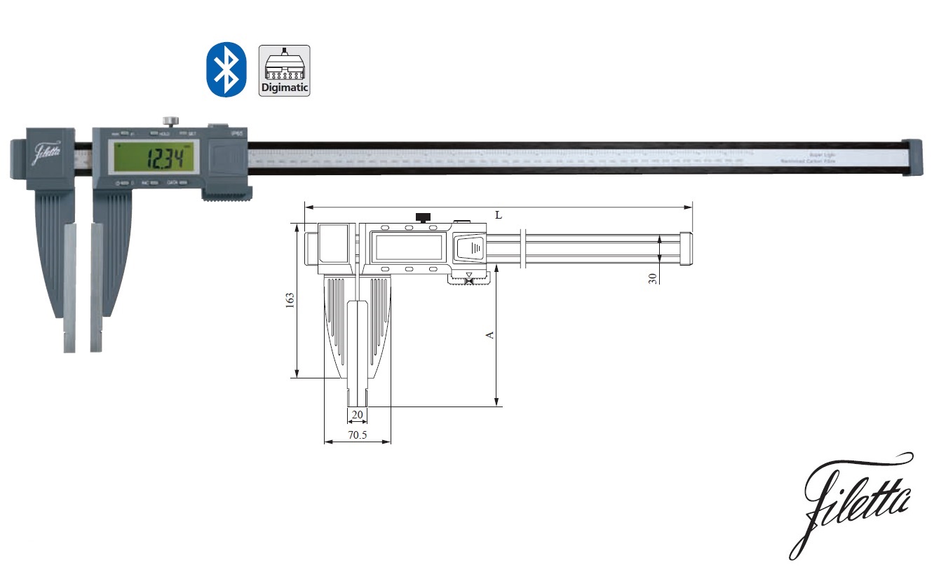 Lehké digitální posuvné měřítko Filetta 0-1500 mm čelisti 150 mm