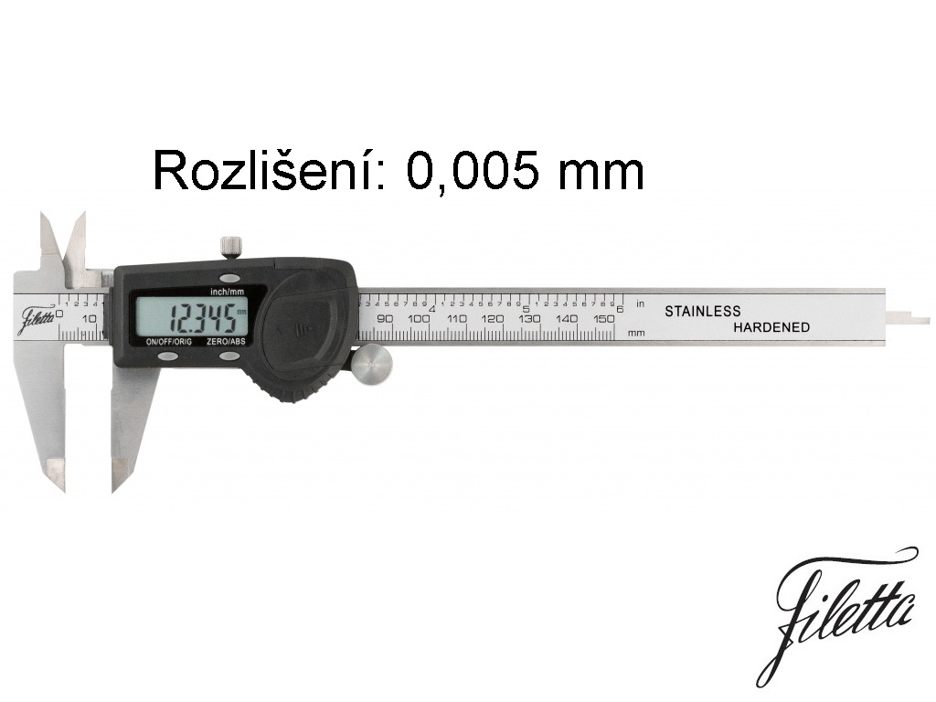 Posuvné měřítko digitální Filetta 0-150 mm / 0,005 mm, ABS, s plochým hloubkoměrem