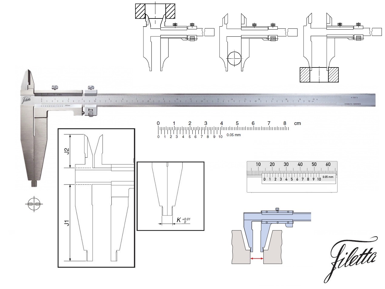 Posuvné měřítko Filetta 0-400 mm, čelisti 100 mm, s měřicími nožíky pro vnitřní měření