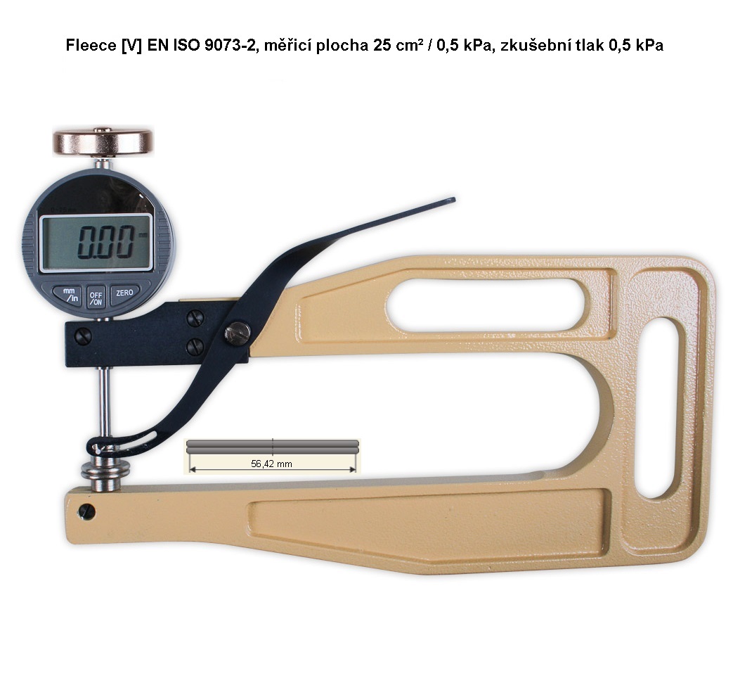 Digitální tloušťkoměr na fleece 0-10 mm,třmen 200 mm,doteky prům.56,42 mm (0,5 kPa/25 cm2)