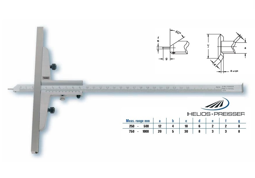 Posuvný hloubkoměr s jehlou a nosy 0-500 mm, posuvná měřicí základna 400x16 mm