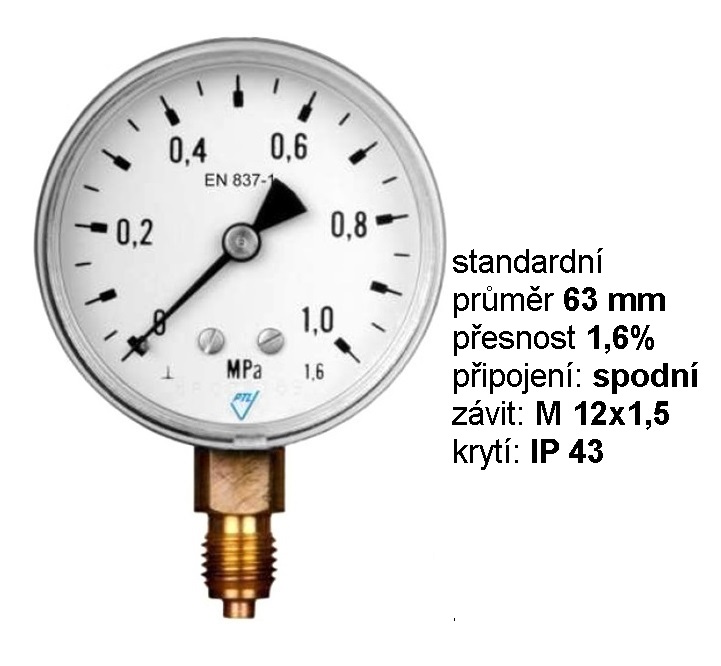 Standardní manometr 0-1,6 MPa; 1,6%, průměr 63 mm, spodní závit 