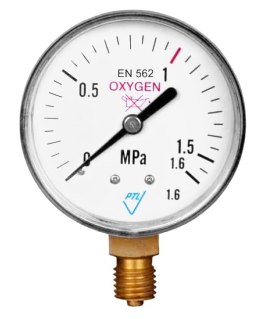 Manometr OXYGEN 0-1,6 MPa; 1,6%, průměr 63 mm, spodní závit M12x1,5 