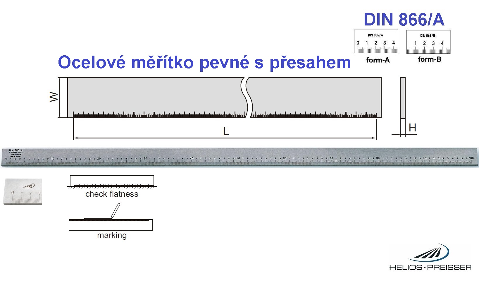 Ocelové měřítko pevné s přesahem 1000 /40x8 mm, DIN 866/A, Helios-Preisser