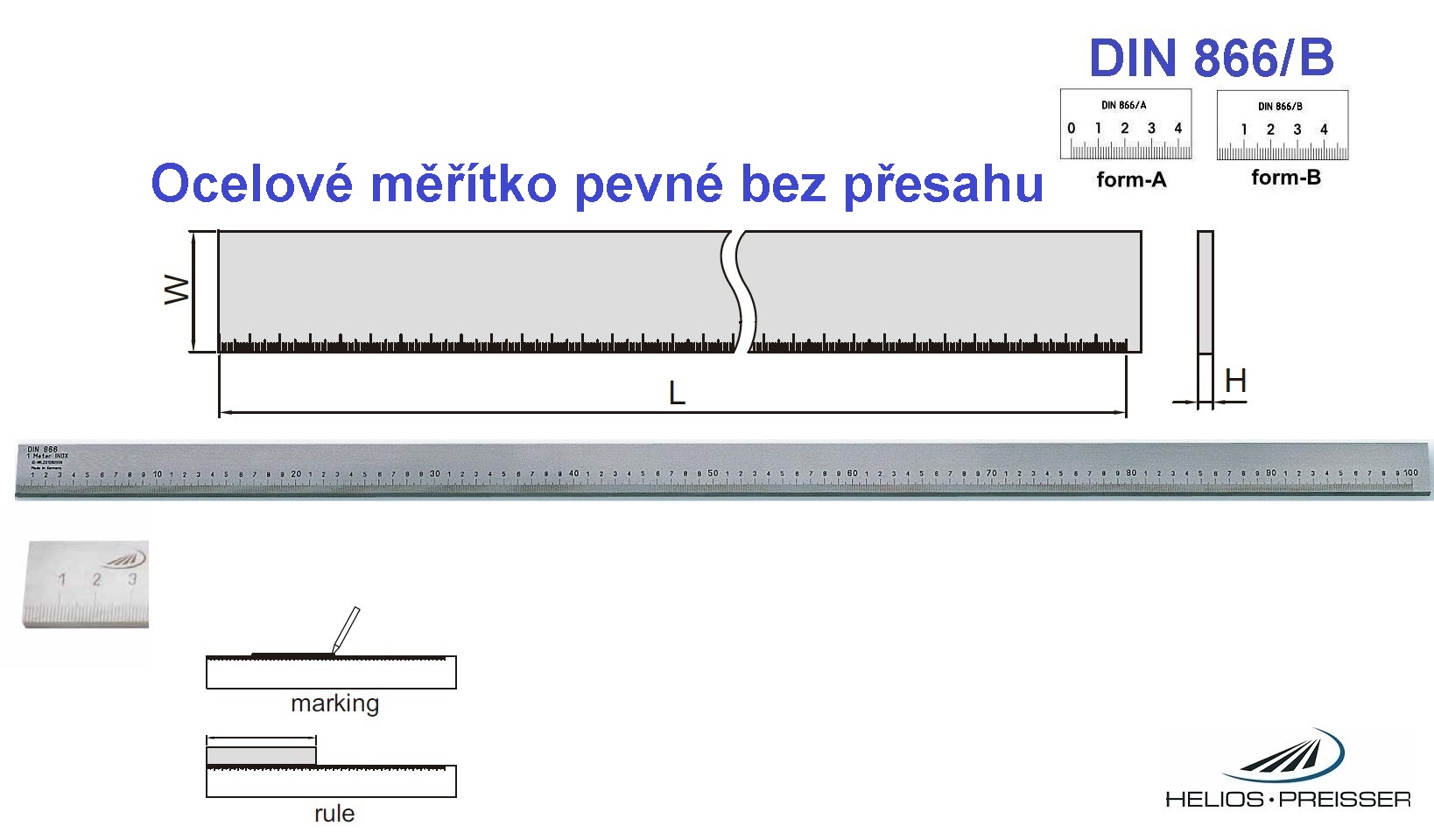 Ocelové měřítko pevné bez přesahu 500 /25x5 mm, DIN 866/B, Helios-Preisser