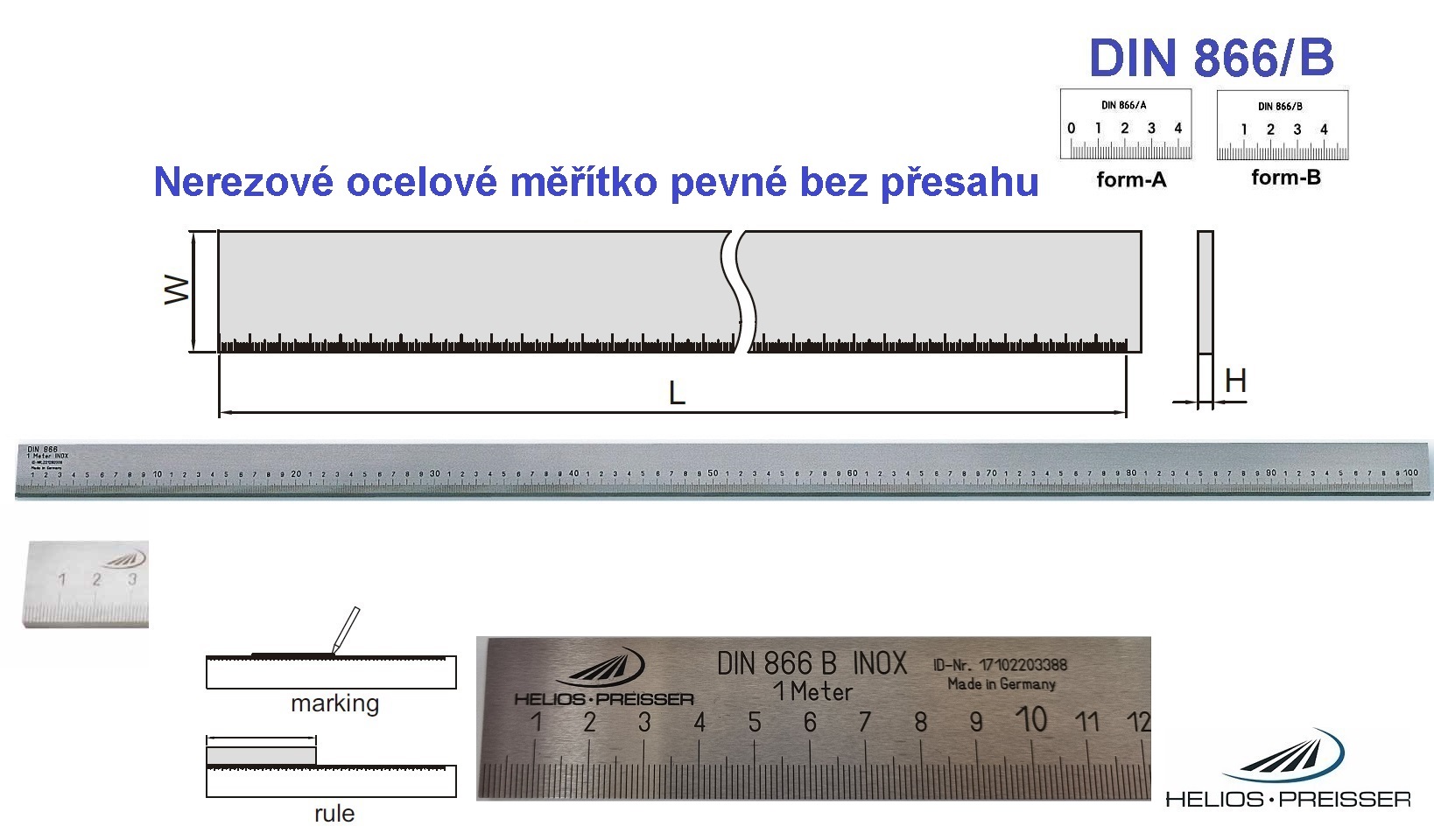 Nerezové ocelové měřítko pevné bez přesahu 4000 /50x10 mm, DIN 866/B, Helios-Preisser