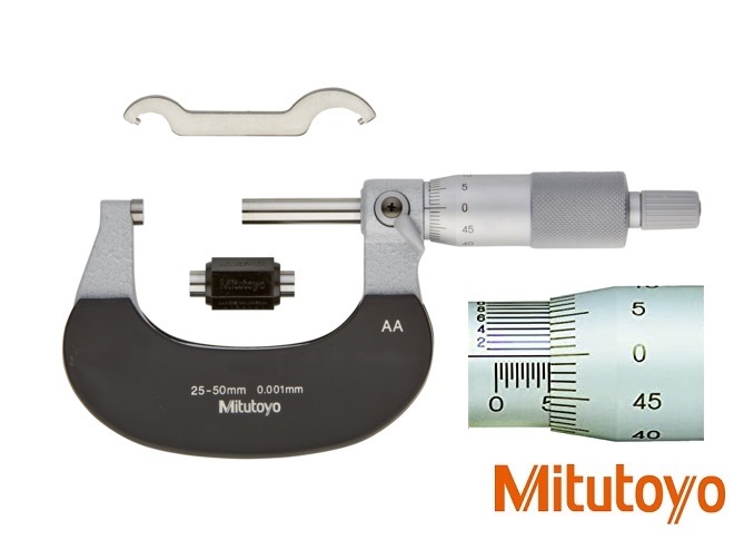 Třmenový mikrometr Mitutoyo 25-50 mm s noniem 0,001 mm, s řehtačkou