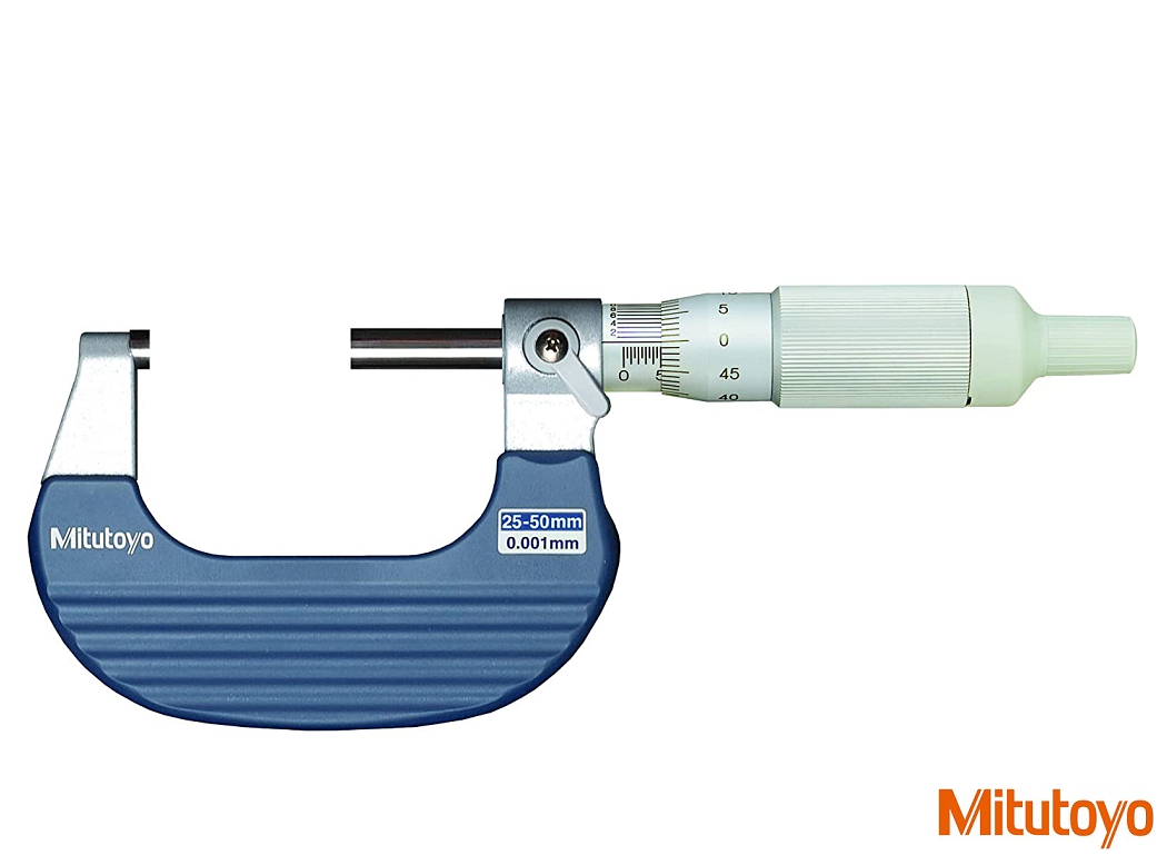Třmenový mikrometr Mitutoyo 25-50 mm s noniem 0,001 mm, s kombinovanou řehtačkou