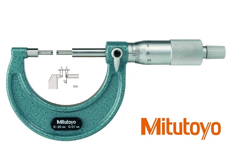 Třmenový mikrometr Mitutoyo 0-25 mm se zúženými měřicími doteky průměr 2 mm