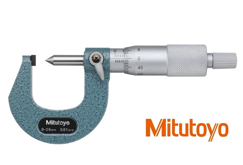 Třmenový mikrometr Mitutoyo 0-25 mm s měřicím hrotem a ploškou 0,5 mm na zřasení
