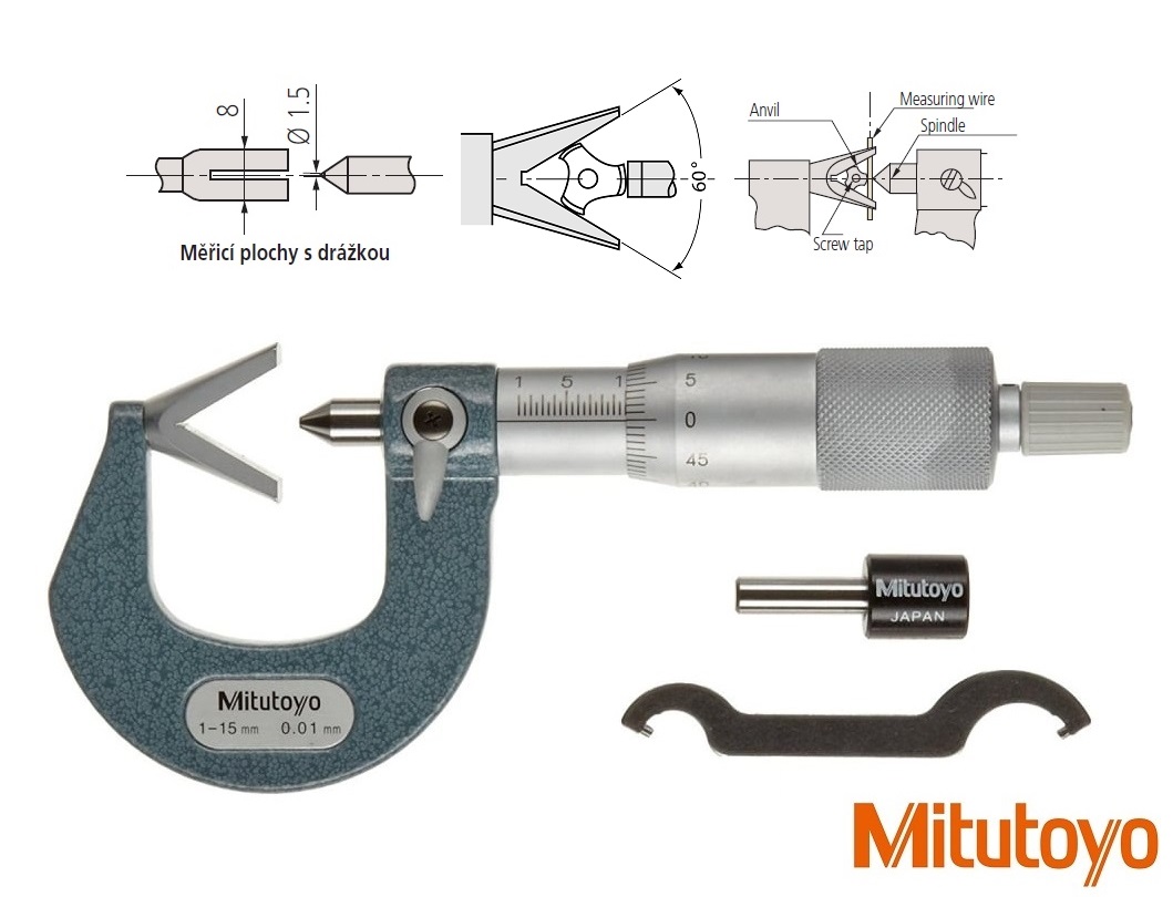 Třmenový mikrometr Mitutoyo s prizm. dotekem 60°,  1-15 mm, měřicí plochy s drážkou