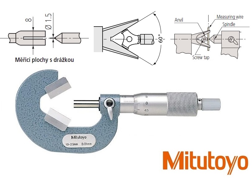 Třmenový mikrometr Mitutoyo s prizm. dotekem 60°, 10-25 mm, měřicí plochy s drážkou