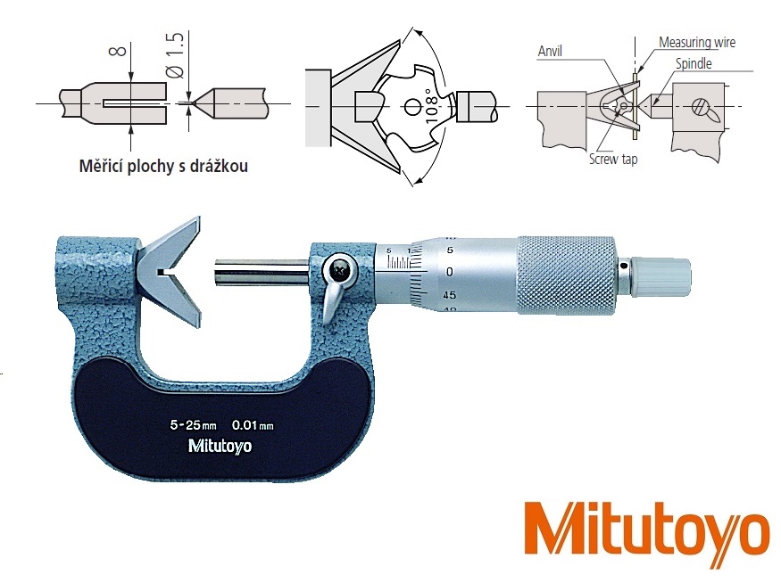 Třmenový mikrometr Mitutoyo s prizm. dotekem 108°,  5-25 mm, měřicí plochy s drážkou