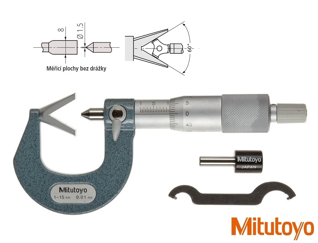 Třmenový mikrometr Mitutoyo s prizm. dotekem 60°, 1-15 mm, měřicí plochy bez drážky
