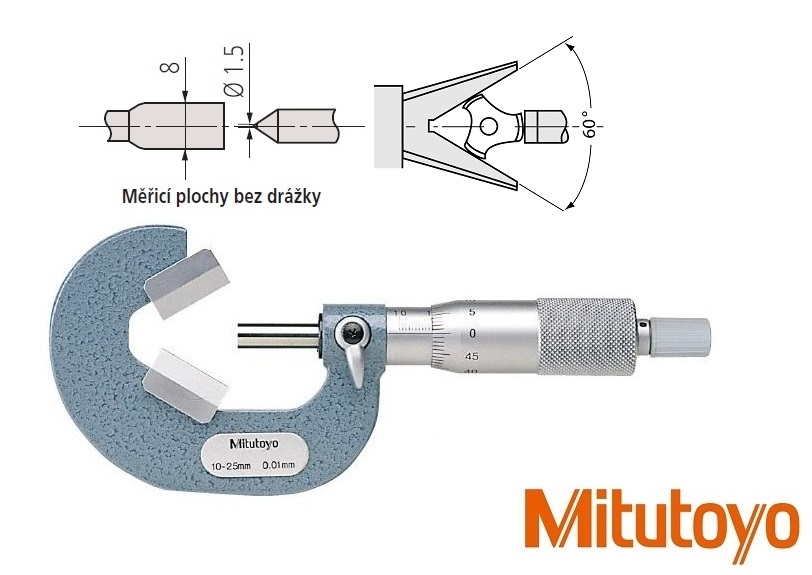 Třmenový mikrometr Mitutoyo s prizm. dotekem 60°, 10-25 mm, měřicí plochy bez drážky