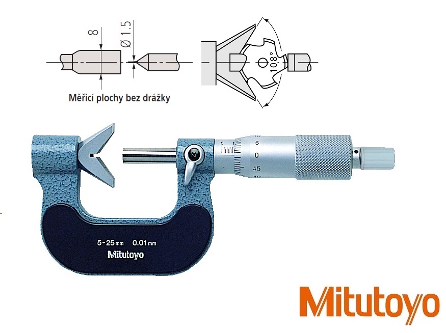 Třmenový mikrometr Mitutoyos prizm. dotekem 108°,  45-65 mm, měřicí plochy bez drážky