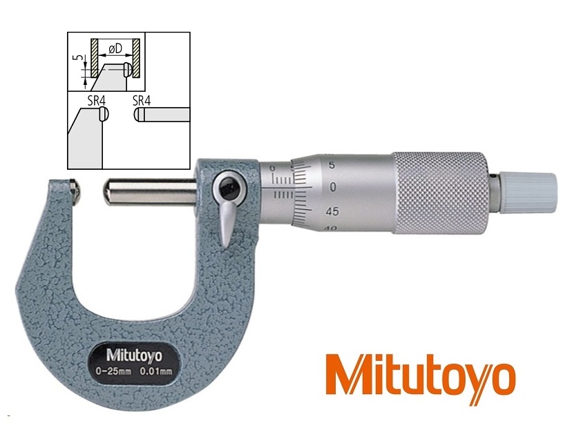 Třmenový mikrometr Mitutoyo na měření klenutých ploch a síly trubek, kroužků "F" 0-25 mm