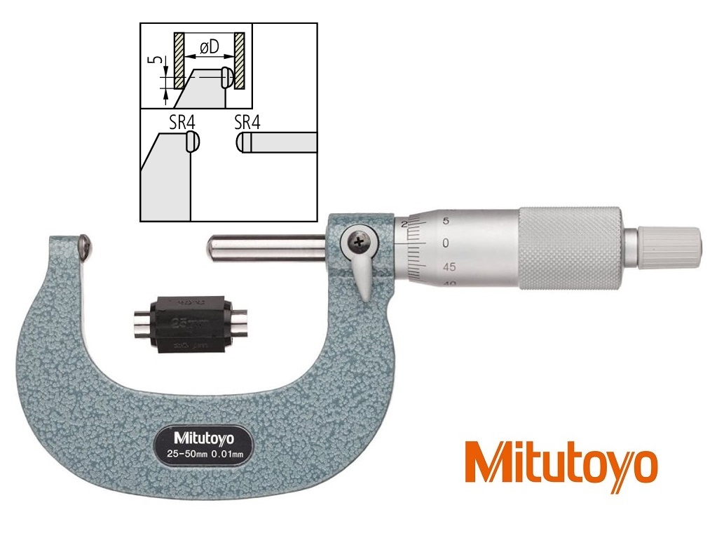 Třmenový mikrometr Mitutoyo na měření klenutých ploch a síly trubek, kroužků... 50-75 mm