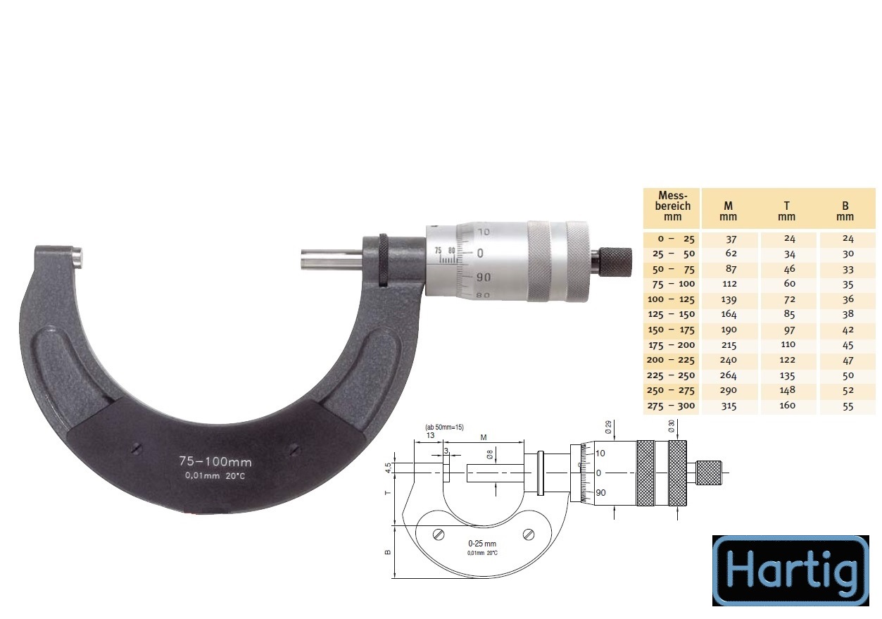 Třmenový mikrometr HARTIG 275-300 mm, průměr měř. bubínku 30 mm, stoupání šroubu 1 mm
