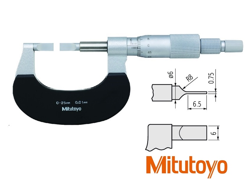 Třmenový mikrometr Mitutoyo na měření drážek 25-50 mm s doteky typ A: 0,75x6 mm