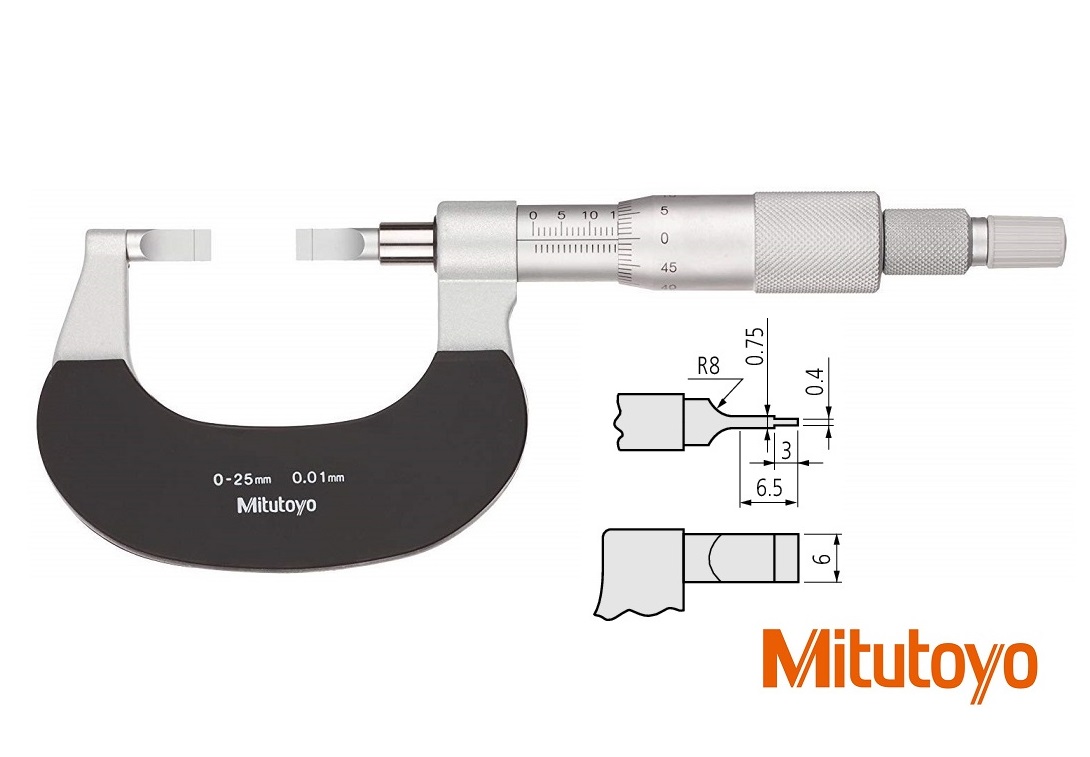 Třmenový mikrometr Mitutoyo na měření drážek 25-50 mm s doteky typ B: 0,04x6 mm