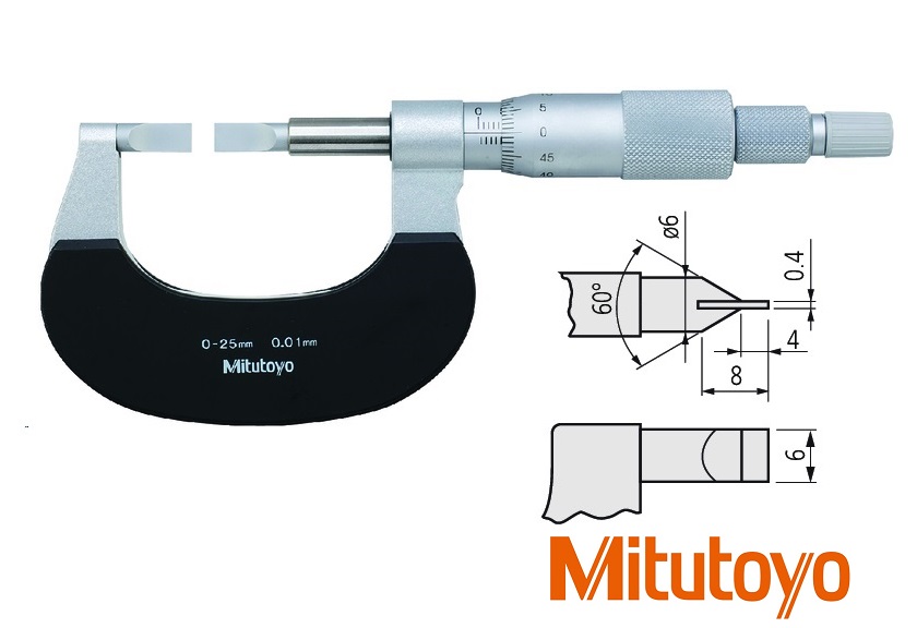 Třmenový mikrometr Mitutoyo na měření drážek  0-25 mm s doteky typ D: 0,4x6 z tvrdokovu