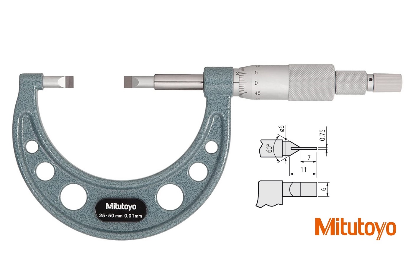 Třmenový mikrometr Mitutoyo na měření drážek 25-50 mm s doteky typ C: 0,75x6mm z tvrdokovu