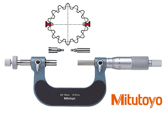 Třmenový mikrometr Mitutoyo 0-25 mm na měření ozubených kol