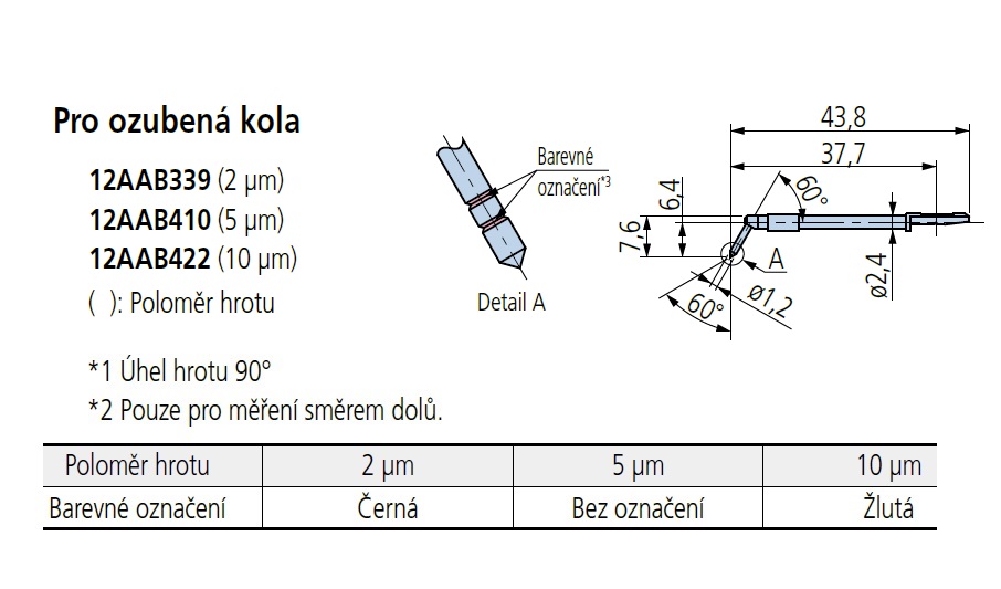 Dotek pro ozubená kola, poloměr hrotu 2 µm, 60°, pro drsnoměry série SJ-410