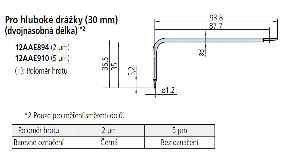 Prodloužený dotek pro hluboké drážky 30 mm, poloměr hrotu 2 µm, 60°, pro drsnoměry SJ-410