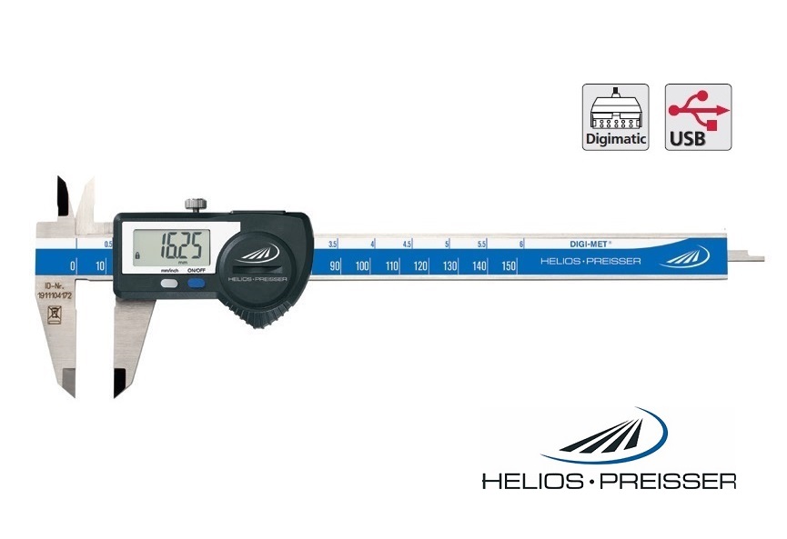 Digitální posuvné měřítko Helios-Preisser 0-200 mm s plochým hloubkoměrem s výstupem dat