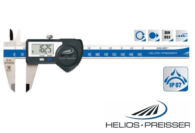 Digitální posuvné měřítko Helios-P. 0-150 mm s plochým hloubkoměrem, IP67, s výstupem dat 