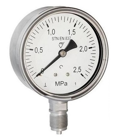 Průmyslový přesný manometr s nerez trubicí 0-10 MPa; 1%, průměr 100 mm, spodní závit