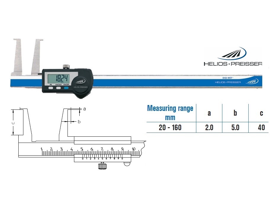 Digitální posuvné měřítko Helios-Preisser 20÷160 mm pro měření vnitřních zápichů