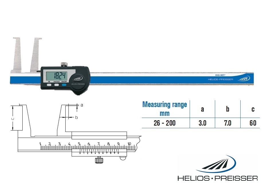 Digitální posuvné měřítko Helios-Preisser 26÷200 mm pro měření vnitřních zápichů