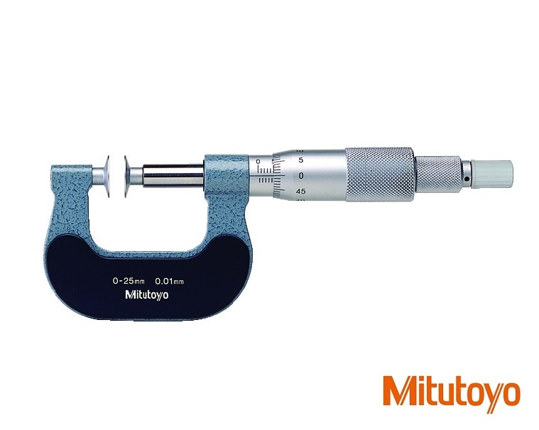 Mikrometr Mitutoyo s talířkovými doteky 0-25 mm a neotáčivým vřetenem, plsť, pryž...