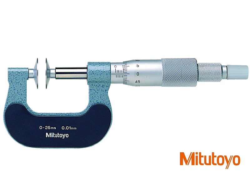 Mikrometr Mitutoyo s talířkovými doteky 0-25 mm a neotáčivým vřetenem na měření zubů