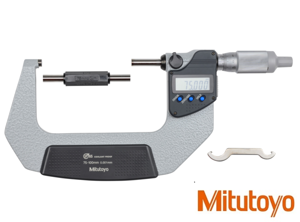 Digitální třmenový mikrometr Mitutoyo 75-100 mm IP65 s bubínkovou řehtačkou a výstupem