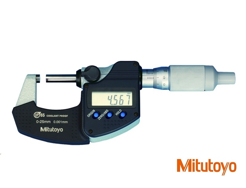 Digitální třmenový mikrometr Mitutoyo 0-25 mm IP65, s bubínkovou řehtačkou,bez výstupu