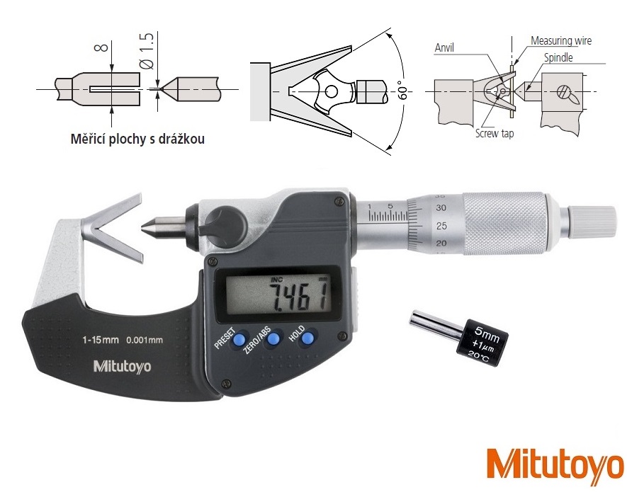 Digitální řmenový mikrometr Mitutoyo s prizm. dotekem 1-15 mm, měř. plochy s drážkou