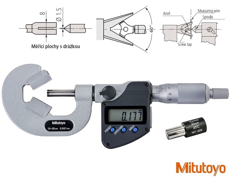 Digitální řmenový mikrometr Mitutoyo s prizm. dotekem 10-25 mm, měř. plochy s drážkou