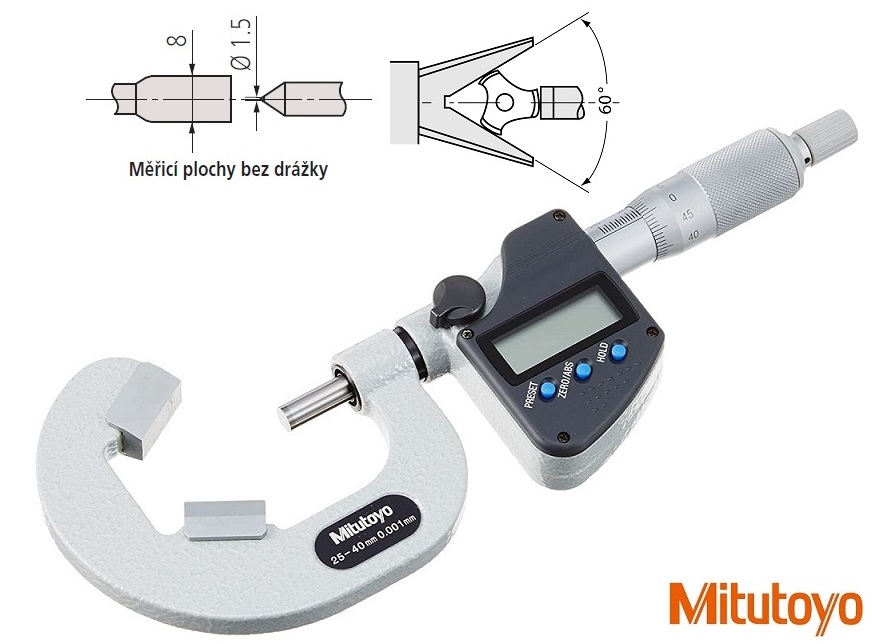 Digitální třmenový mikrometr Mitutoyo s prizm. dotekem 25-40mm, měř. plochy bez drážek