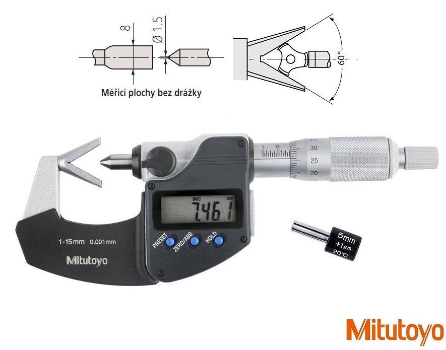 Digitální třmenový mikrometr Mitutoyo s prizm. dotekem 1-15 mm, měř. plochy bez drážek