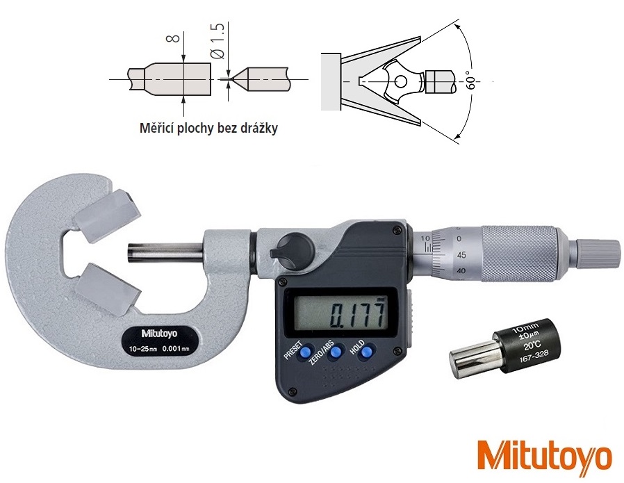 Digitální třmenový mikrometr Mitutoyo s prizm. dotekem 10-25mm, měř. plochy bez drážek