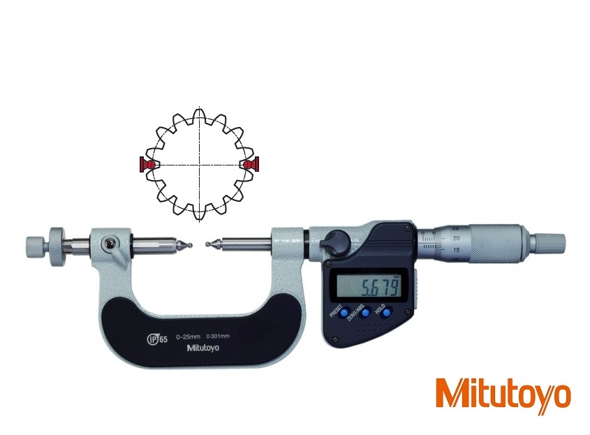 Digitální třmenový mikrometr Mitutoyo 0-25 mm na měření ozubených kol
