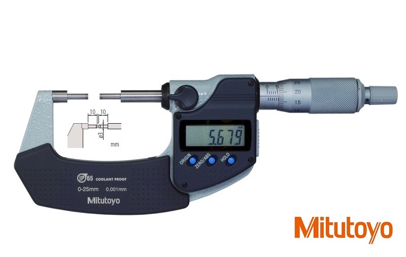 Digitální třmenový mikrometr Mitutoyo 0-25 mm se zúženými měřicími doteky 3 mm, IP65