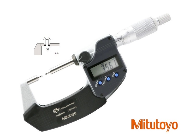Digitální třmenový mikrometr Mitutoyo 25-50 mm se zúženými měřicími doteky 2 mm, IP65