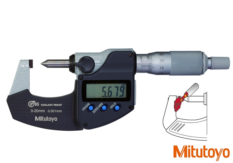 Digitální mikrometr Mitutoyo 0-20 mm s měřicím hrotem a ploškou 0,5 mm na zřasení
